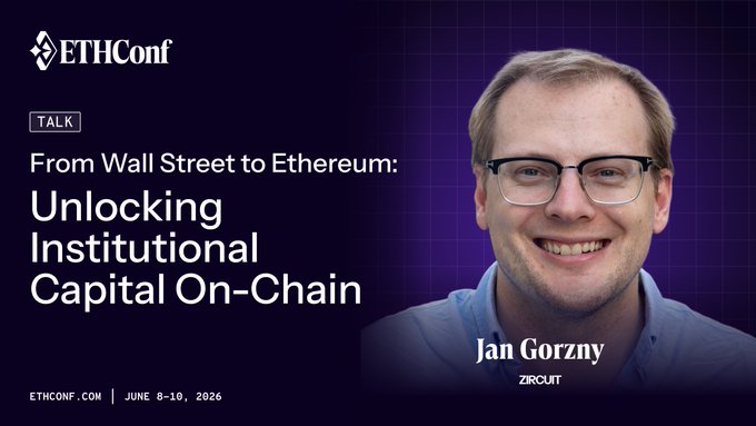 The image features a man wearing glasses smiling for the camera while sitting next to a purple background with white text. The text "From Wall Street to Ethereum" is written above him, and "Unlocking Institutional Capital Chain" is below his head. The caption reads "@jgorzny Co-Founder of @Zircuit Main Stage, 4:10pm".