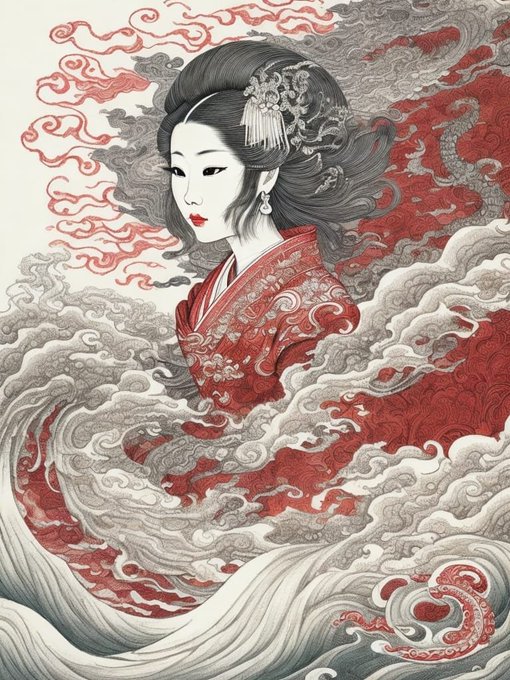 A stylized illustration features an elegant Japanese woman in a red floral kimono with ornate hair accessories, surrounded by swirling clouds and crashing waves rendered in a red, black, and white palette reminiscent of traditional ukiyo-e art. The post links to a Tezos NFT marketplace (objkt.com/tokens/KT1VHox), suggesting the artwork is being showcased as a digital collectible token.