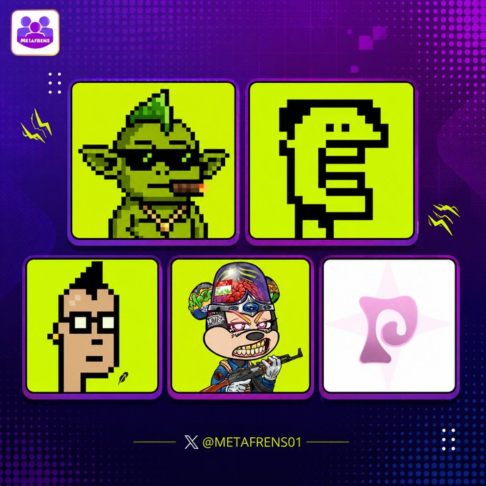 The image displays a Metafrens graphic showcasing pixel-art thumbnails of four NFT collections on Robinhood—Green Gremlins, Robinhood Punks, Moze, and Onchain Hoodies—alongside the @METAFRENS01 handle, highlighting the platform's successful early picks.