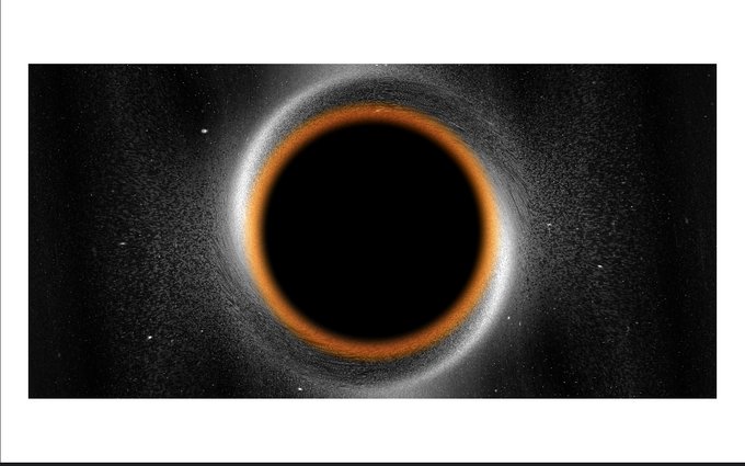 A digital illustration of a black hole surrounded by a glowing orange and white accretion disk set against a starry space backdrop.