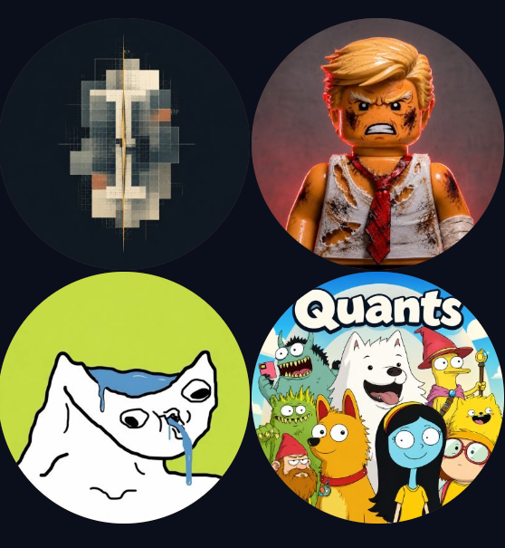 The image displays four circular NFT collection icons arranged in a 2x2 grid: a pixelated glitch-style artwork (top left), a 3D-rendered angry cartoon figure resembling Donald Trump in a tattered white shirt and red tie (top right), the classic crying Wojak meme face (bottom left), and a colorful "Quants" collection featuring various cartoon characters including dogs and figures (bottom right). These appear to represent some of the NFT projects being minted today, complementing the post's mention of multiple interesting mints including generative artworks from @ImprintRH and onchain pieces from @LRFproject.