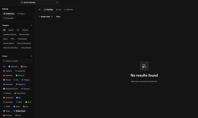 A dark-themed NFT marketplace interface with filter options for Collections, Tokens, and Perpetuals, showing 'No results found' while searching the Stable Chain.