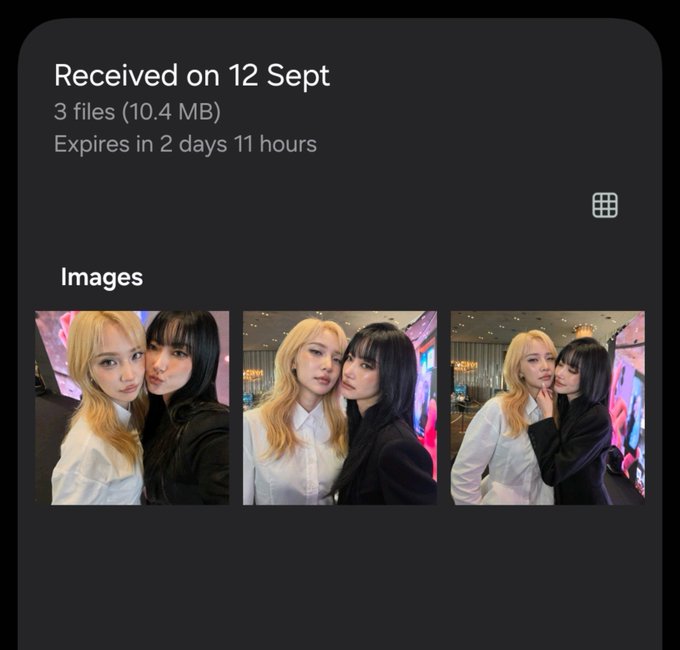 A dark-themed mobile file-sharing screen showing 'Received on 12 Sept, 3 files (10.4 MB), Expires in 2 days 11 hours,' featuring three photos of a blonde woman posing with a dark-haired woman.