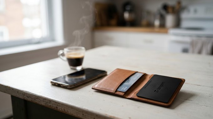 A lifestyle product shot showing a brown leather wallet and a smartphone next to a steaming espresso cup on a white kitchen counter, with a modern kitchen blurred in the background.