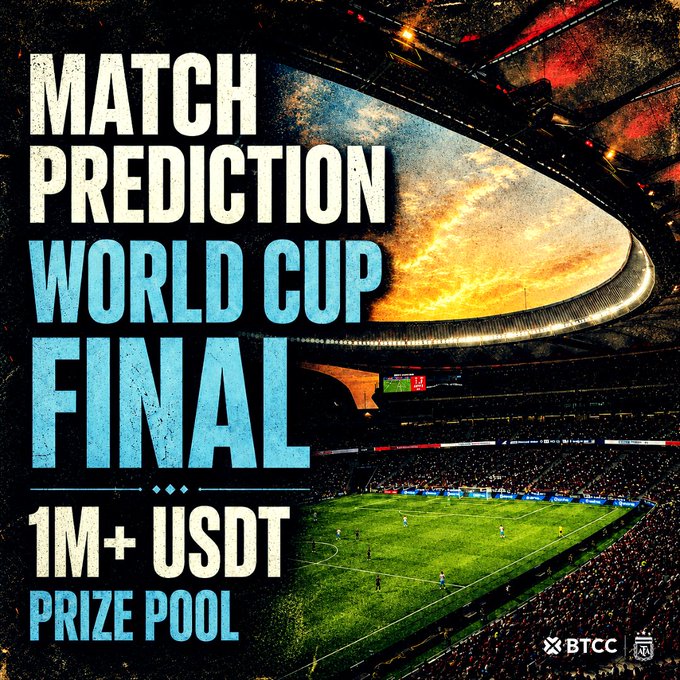 This image announces a "MATCH PREDICTION WORLD CUP FINAL" with a "1M+ USDT PRIZE POOL," featuring a stadium and football field. It directly relates to the post by advertising the prize pool for a World Cup final match prediction event hosted by BTCC and Argentinian Football Association (AFA).