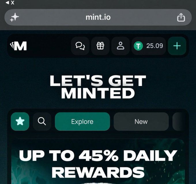 A screenshot of the mint.io website showing the "Let's Get Minted" homepage with a prominent "Up to 45% Daily Rewards" banner and a Tether (USDT) balance of 25.09. The image relates to the post by displaying the platform interface where the user has invested funds to test its features, including prediction tools for assets such as BTC.