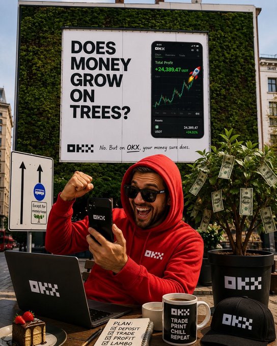 A cheerful man in a red OKX hoodie celebrates in front of a billboard reading "DOES MONEY GROW ON TREES?" with a phone showing a $24,389.47 (USDT) profit, while a real potted tree beside him is decorated with dollar bills—visually delivering the ad's promise of 8% deposit bonuses for European users on OKX.