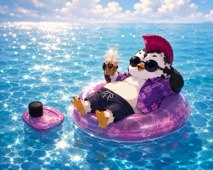 A 3D-rendered cartoon penguin with a pink mohawk, sunglasses, and a purple floral Hawaiian shirt floats on a pink floral inner tube in sparkling blue water while holding an iced coffee drink.