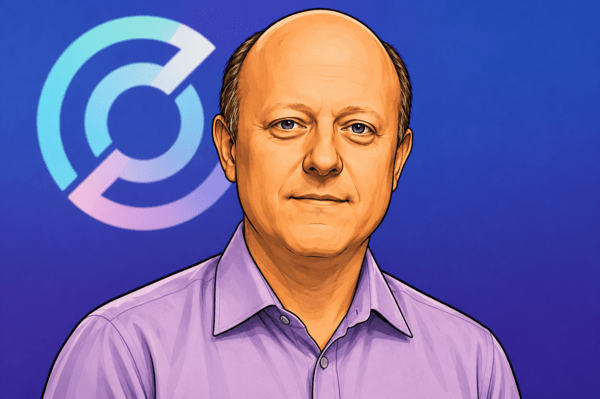 A digital portrait illustration of a balding man in a purple shirt appears next to the USDC logo on a blue background.