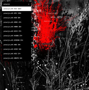 This image displays a list of ENS domains for "pravijn.eth" with associated numbers, set against a background of intricate digital art that visualizes networked connections. The post's mention of "Infinite Gardens" and "networked digital art" directly relates to this visual representation of interconnected domains.