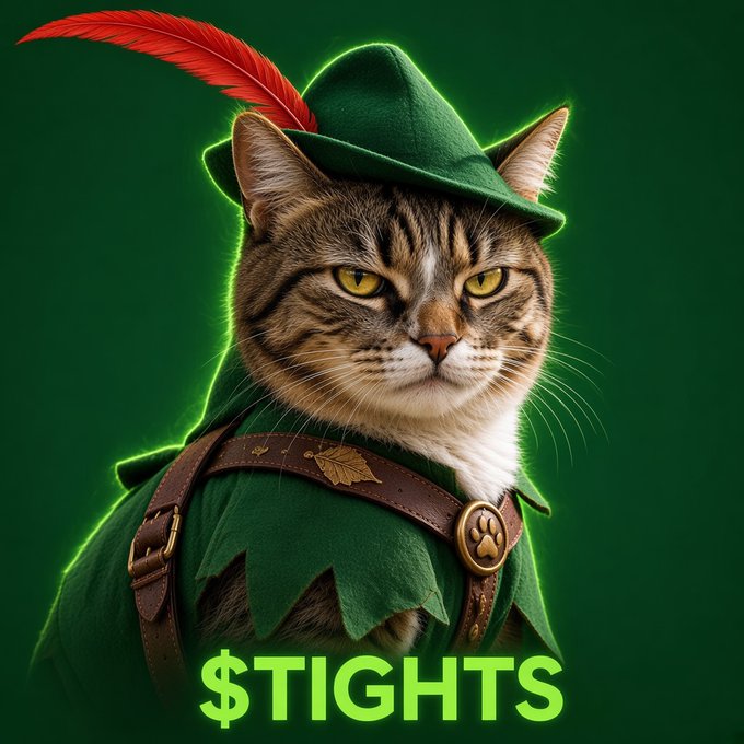 A tabby cat dressed as Robin Hood with a green hat, feather, and leather strap poses over the text '$TIGHTS'.