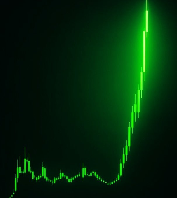 A glowing green candlestick chart shows a long period of sideways consolidation followed by a sharp vertical spike near the right edge, visually illustrating a sudden 100x price breakout. The dramatic upward surge symbolizes the explosive growth the post is hinting at, suggesting the featured asset is poised for a similar moonshot rally.
