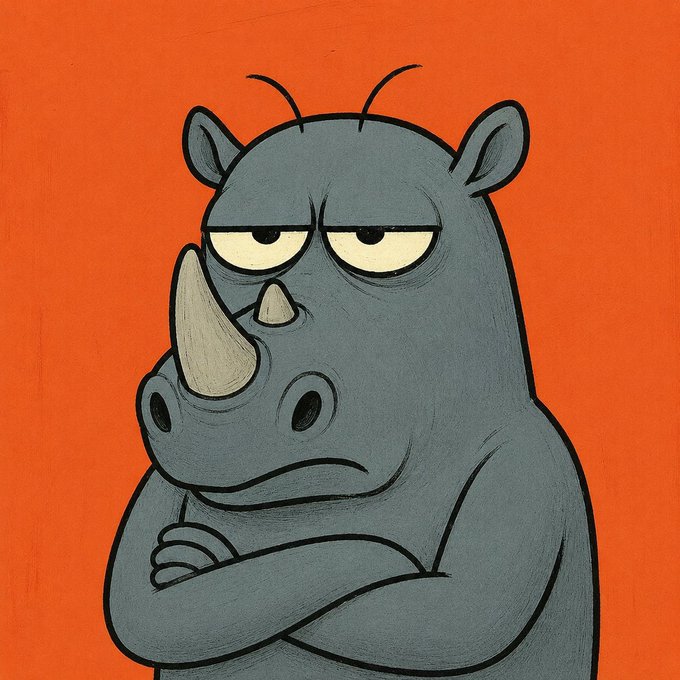 The image features a cartoon illustration of a rhinoceros with its arms crossed, giving it a grumpy expression. The background color is orange, which contrasts with the gray color of the rhino's body. There are no texts or other objects in the image, and the focus is solely on the rhino and its facial expression.