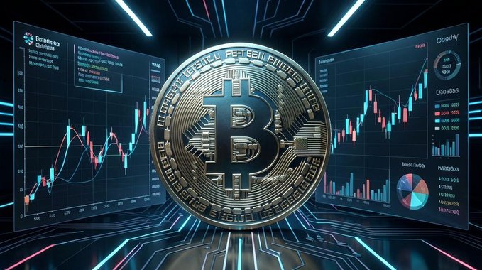 A large 3D Bitcoin coin is centered in front of two digital screens displaying red and blue financial candlestick charts and data graphs.