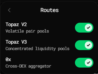 The image shows a screenshot of a Topaz trading app with three buttons, each displaying different information about routing options. The first button has a green checkmark symbolizing that the routing option is active. The second button also has a green checkmark but displays the routing option as "Volatile Pair pools". The third button has a green checkmark and reads "Concentrated Liquidity Pools", indicating that this route is currently being used for trading. The app's interface is designed to provide users with clear information about available routes, allowing them to make informed decisions in their trading activities.