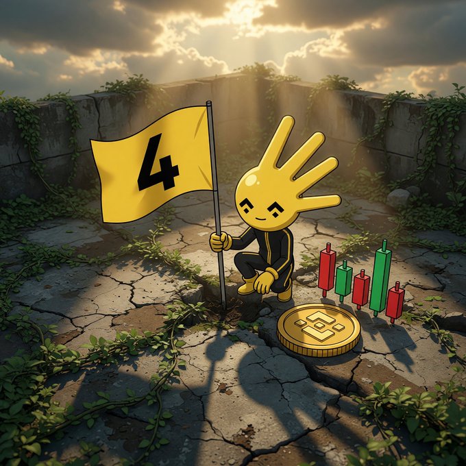 A digital illustration featuring a yellow hand-shaped cartoon character holding a yellow flag with the number '4', surrounded by candlestick charts and a Binance coin in a stone arena setting.
