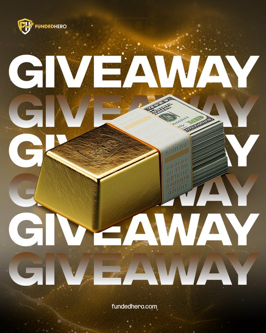 A promotional graphic for a 'GIVEAWAY' by FundedHero, displaying an image of a gold bar stacked with hundred-dollar bills.