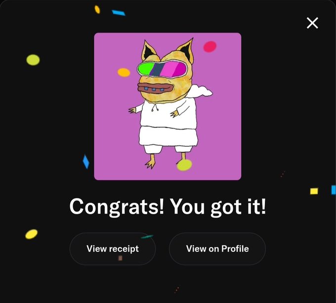 A mobile app celebration screen with confetti effects, displaying a cartoon character (a cat-like figure in 3D glasses) and the text 'Congrats! You got it!' along with 'View receipt' and 'View on Profile' buttons.