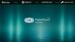 A dark teal banner with light beams for the 'Hyperguild Summit' featuring sponsor logos including Bitfinex, Circle, Grayscale, and Hyperion dex.