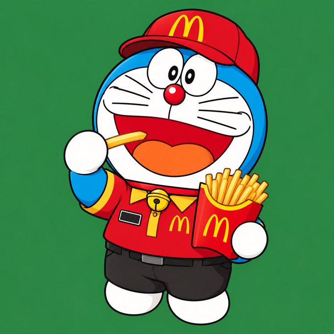 The image shows Doraemon dressed as a McDonald's employee in a red uniform and hat with the iconic golden arches "M" logo, gleefully holding a fry and a carton of McDonald's fries. 

The image appears to mock the poster's trading losses through the "Doraemon" meme, with the post referencing getting "rekt" by a "yellow frog" artist for 2000U—Doraemon's joyful McDonald's uniform suggesting ironic celebration while being metaphorically "served up" and consumed by the market, much like how the poster felt devoured by bad investments and lost both money and dignity.