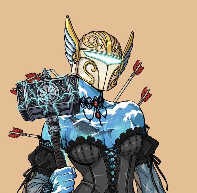 A blue-skinned figure wearing an ornate winged helmet wields a crackling, lightning-enshrouded cube hammer resembling Mjolnir, pierced by three arrows, embodying the "SolGods" NFT collection's mythological warrior aesthetic.