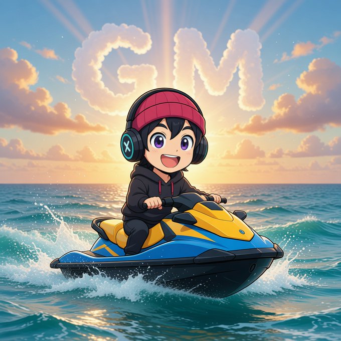 A cartoon-style illustration of a cheerful character with headphones and a red beanie riding a yellow and blue jet ski on the ocean at sunset, with 'GM' written in clouds in the sky above.