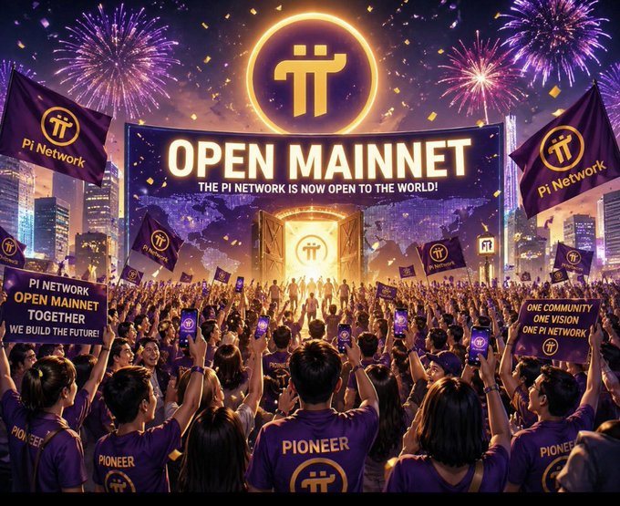 A promotional graphic for Pi Network showing a crowd celebrating 'OPEN MAINNET' with fireworks, featuring the Pi logo, flags reading 'Pi Network,' 'OPEN MAINNET TOGETHER WE BUILD THE FUTURE!,' and 'ONE COMMUNITY ONE VISION ONE PI NETWORK,' with attendees wearing 'PIONEER' shirts.