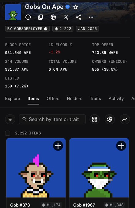 A mobile screenshot of an NFT collection page titled 'Gobs On Ape' with a verified checkmark, showing statistics like a floor price of 931.549 APE and a top offer of 740.89 WAPE, alongside pixel art character items.