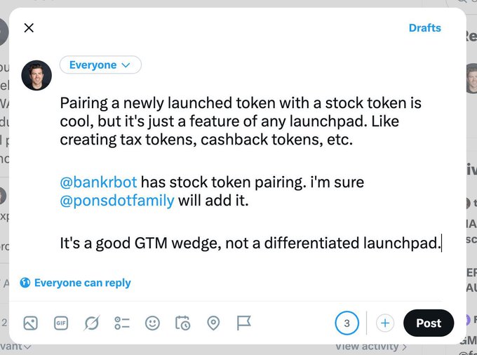 A screenshot of a Twitter draft post arguing that pairing a newly launched token with a stock token (like via @bankrbot and @ponsdotfamily) is simply a common launchpad feature and a "good GTM wedge, not a differentiated launchpad." The post visually counters the user's enthusiasm by suggesting that this mechanism isn't unique to fwa but is already easily replicable in other platforms, challenging the originality of the proposed Robinhood-stocks/ETH fork idea.