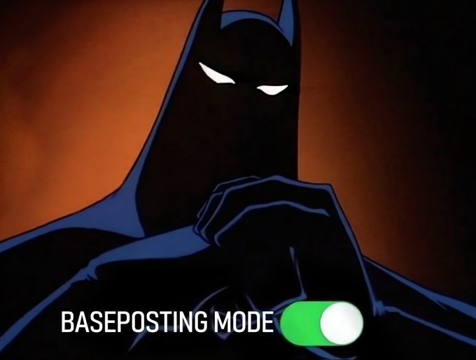 An animated image of Batman has the text 'BASEPOSTING MODE' overlaid with a green toggle switch graphic.