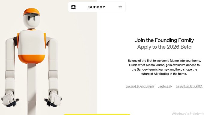A webpage for 'Sunday' featuring a white and orange humanoid robot, promoting their 'Founding Family' program to 'Apply to the 2026 Beta' for their Memo home AI robot.