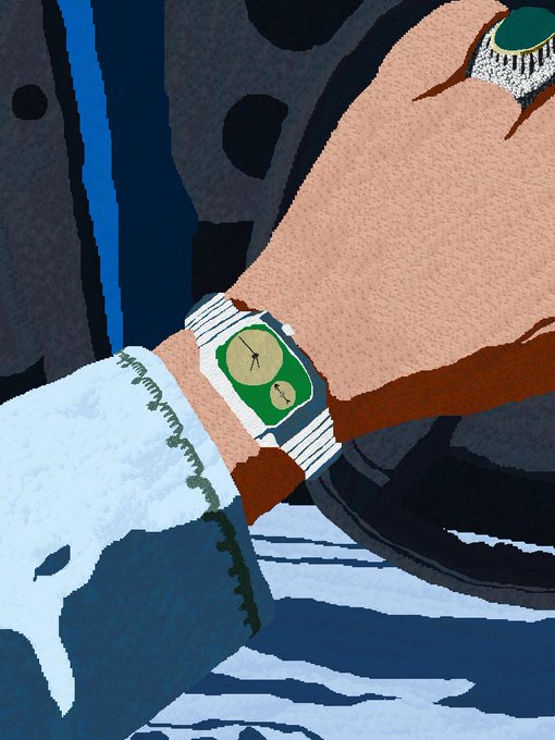 Two sausage-like fingers protrude from a blue-and-white striped sleeve, adorned with a green-faced dual-dial wristwatch and a gold ring. The stylized illustration humorously exaggerates the fingers' thickness, playing on the "sausage fingers" caption by visually rendering them as plump, meaty links.