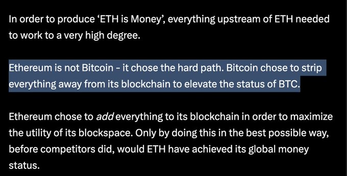 The image shows a black background with white text that reads "In order to produce eth is money, everything upstream of eth needed to work to a very high degree". The text also includes a quote from an article about Bitcoin.