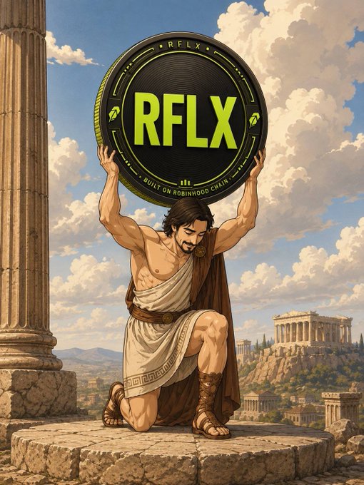 Illustration of a Greek-style warrior kneeling while holding up a large black and green coin labeled 'RFLX' with 'BUILT ON ROBINHOOD CHAIN' against a backdrop of ancient ruins.
