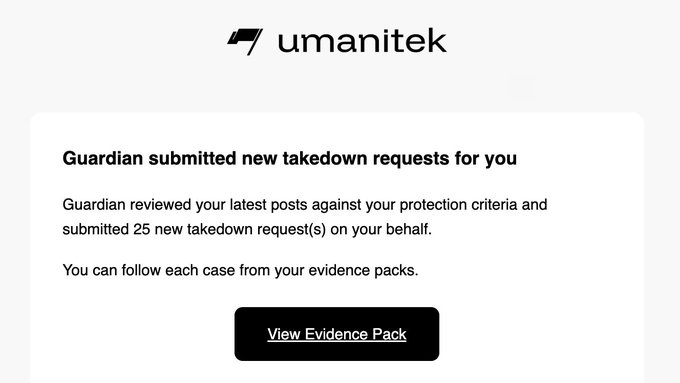 A notification email from Umanitek displaying a message that states "Guardian submitted new takedown requests for you," explaining that 25 new takedown requests were submitted on the user's behalf after reviewing recent posts against protection criteria, with a "View Evidence Pack" button provided to track each case. This illustrates the post's point about how Umanitek's automated guardian service delivers daily updates about flagged imposter accounts being targeted for removal.