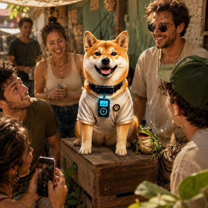 A whimsical illustration of a smiling Shiba Inu dog wearing a spacesuit with a control panel on its chest, surrounded by people taking photos at what appears to be a marketplace, accompanied by a small frog and cat.