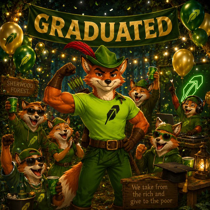 A festive 'GRADUATED' themed illustration featuring anthropomorphic foxes dressed in green Robin Hood-style outfits, celebrating with drinks, balloons, and Sherwood Forest decor.
