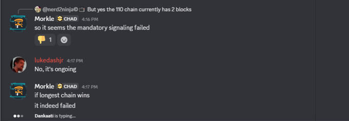 A Discord conversation where user "Morkle" discusses that the L10 chain only has 2 blocks, suggesting the mandatory signaling failed, while "lukedashjr" clarifies the chain is still ongoing and the longest chain will win, relevant to the post buying LBTCJr at 100u.