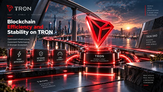 A TRON promotional image showcases 'Blockchain Efficiency and Stability on TRON,' emphasizing 'HIGH EFFICIENCY,' 'NETWORK STABILITY,' and 'LOW LATENCY' with a glowing red TRON logo on a futuristic waterfront.