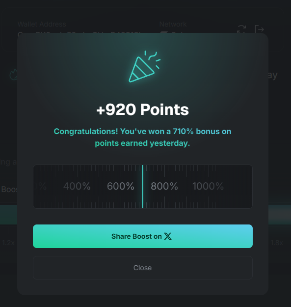 A digital interface pop-up displaying a '+920 Points' reward, congratulating the user on winning a '710% bonus on points earned yesterday', with a button to share the boost on X.