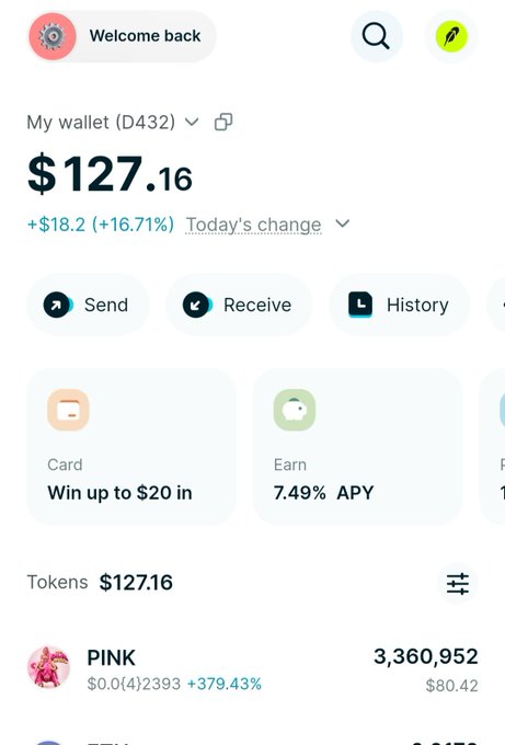 A crypto wallet screenshot showing a balance of $127.16, up +16.71% today, featuring the PINK token priced at $80.42 with a massive +379.43% gain—supporting the post's bullish hype about PINK cooking.