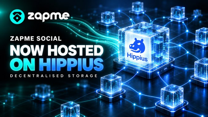 A promotional graphic with the ZapMe logo announcing 'ZAPME SOCIAL NOW HOSTED ON HIPPIUS - DECENTRALISED STORAGE', featuring interconnected blue holographic cubes with the Hippus logo.