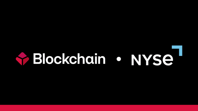 A black promotional graphic featuring the Blockchain.com logo alongside the NYSE logo, separated by a dot.