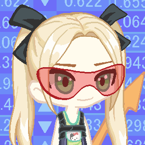 An anime-style character with blonde hair in twin tails, black bows, and red glasses smiles confidently against a blue background filled with white numbers.