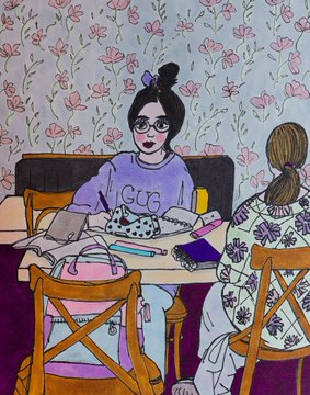 A line-art style illustration depicts two women seated at a table; one wearing a purple 'GU' sweatshirt with a polka-dot pouch, and the other in a patterned shirt.