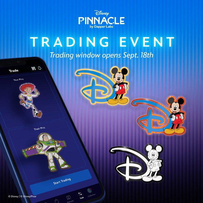 A promotional graphic for 'Disney Pinnacle by Dapper Labs' announces a 'TRADING EVENT' with the trading window opening 'Sept. 18th', featuring Mickey Mouse pins and a phone app interface.
