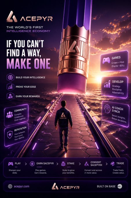 Promotional poster for ACEPYR, described as 'The World's First Intelligence Economy' with the slogan 'If you can't find a way, MAKE ONE,' highlighting features like games, community, and AI coach sync.