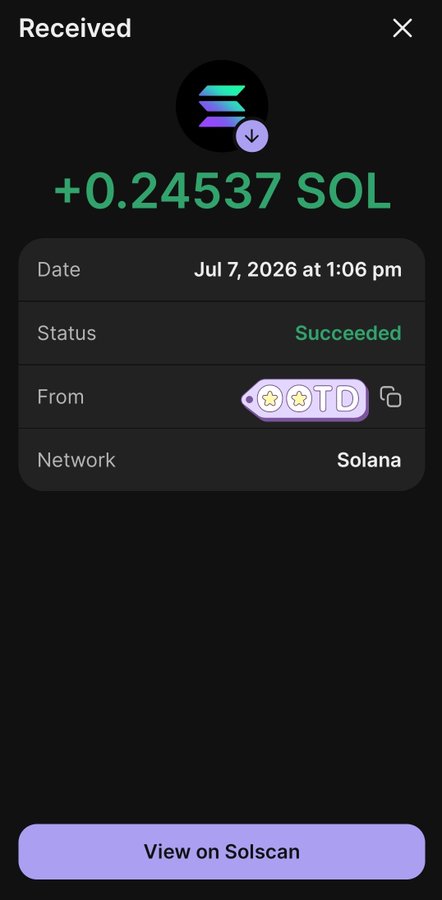 A mobile wallet screenshot showing a successful receipt of +0.24537 SOL on the Solana network on Jul 7, 2026, from a sender with a star emoji "TD" tag, with a "View on Solscan" button—serving as proof of a prize payout claimed by the "Winner #3."