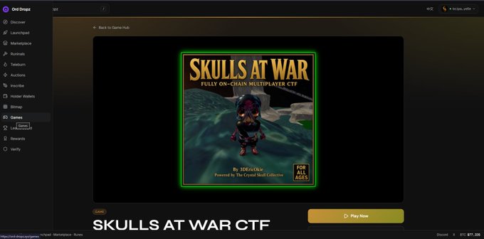 A gaming platform interface displays 'SKULLS AT WAR CTF' described as 'FULLY ON-CHAIN MULTIPLAYER CTF', available for all ages with a Play Now button.