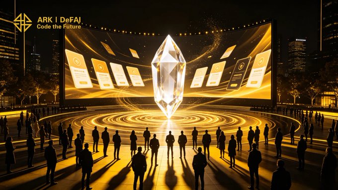 A nighttime city scene showcases a glowing crystal surrounded by silhouetted crowds facing digital panels, with the text "ARK | DeFAI Code the Future" in the upper left, symbolizing community-driven AI engagement as described in the post about ARK users actively building ecosystem momentum through the Arkie AI App.